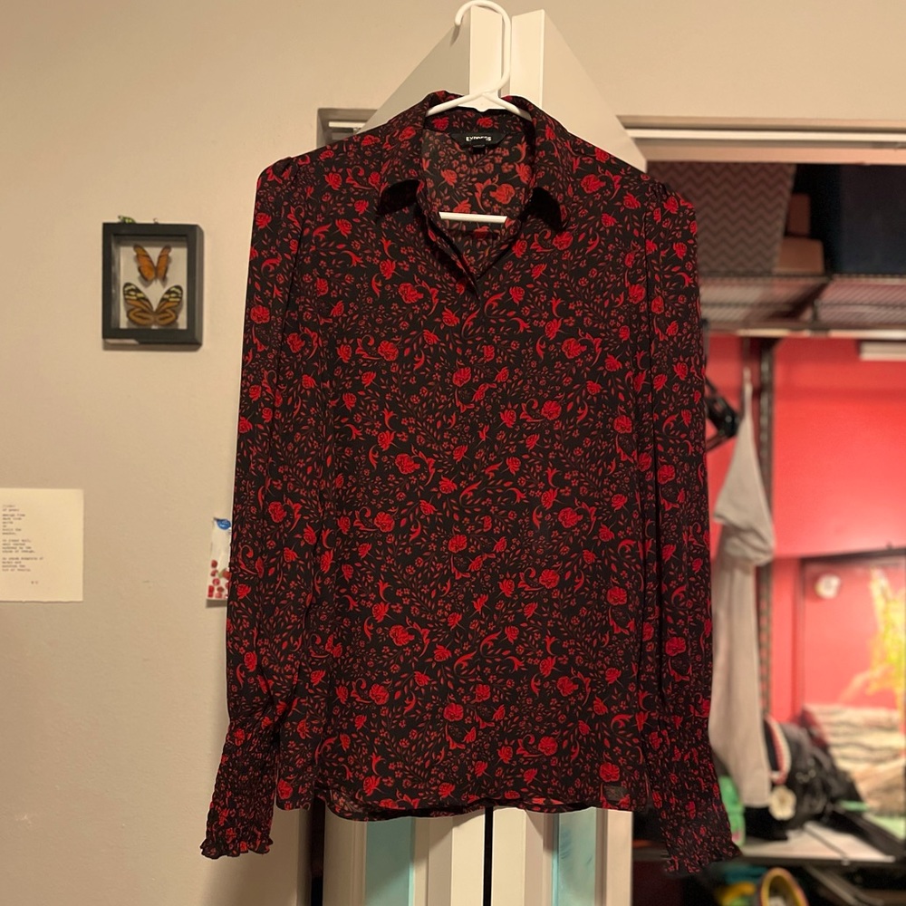Black blouse with red victorian style pattern